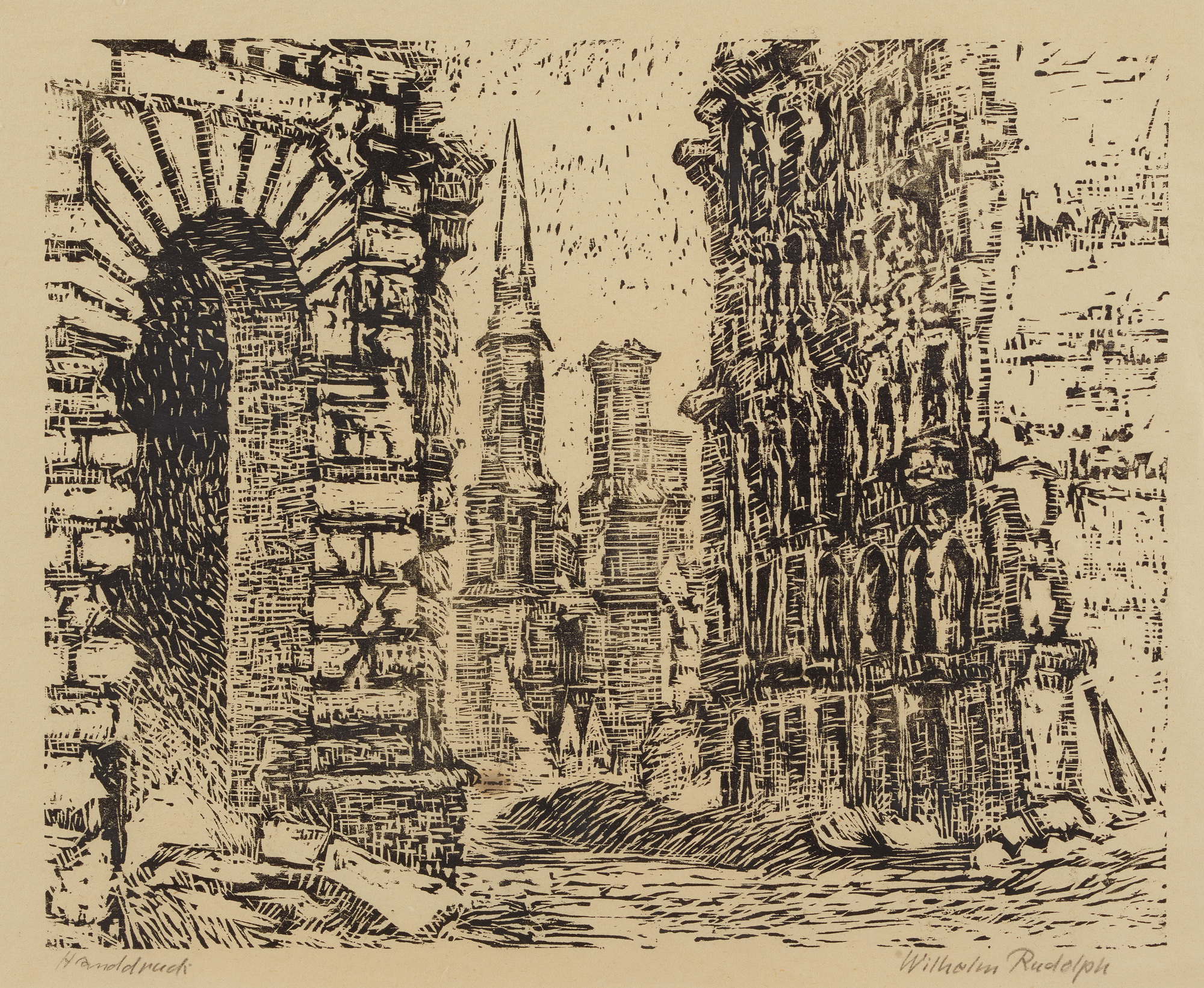 Blick auf die zerstörte Sophienkirche in Dresden - um 1945-1950