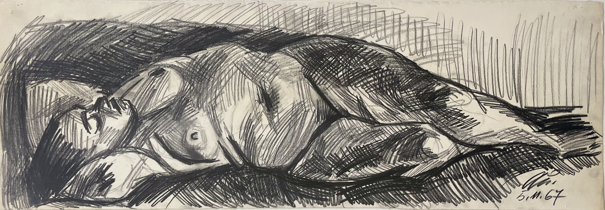 Liegender weibl. Akt, die Arme hinter dem Kopf verschränkt