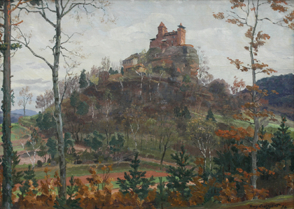 August Croissant: Blick auf den Berwartstein mit Burg Berwartstein, 