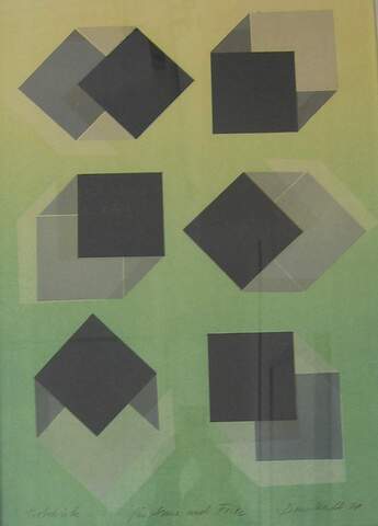 Klaus Dennhardt: Sechs Würfel, grau-schwarz vor Gelb und Grün, 1978