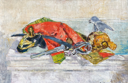 Ernst Hassebrauk: Stilleben mit Uniform, Helm und Muskete (Preußische Helme, Pistole aus der Zeit des Großen Kurfürsten, roter Offiziersrock und österreichischer Degen), 