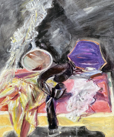 Ernst Hassebrauk: Bijouteriestilleben  (schwarzer Lackgürtel, violette Puderdose), 