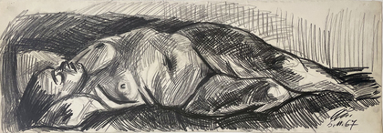 Curt Querner: Liegender weibl. Akt, die Arme hinter dem Kopf verschränkt, 1967